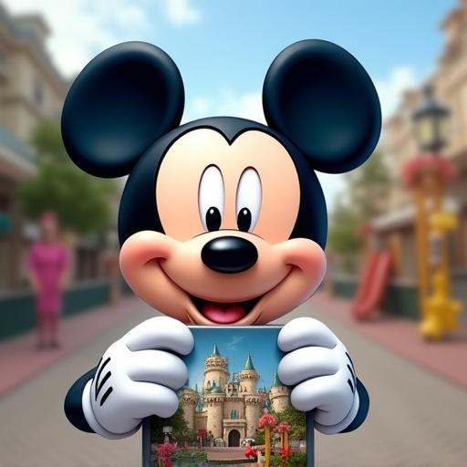 Mickey Mouse character smiling while holding a poster in his hands. Background features a playground with blurred details.