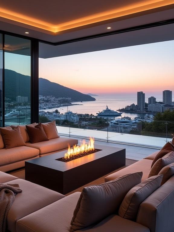 Indoor lounge area with panoramic sea view. Modern architecture blends with coastal elegance. Rectangular gas fire pit as the centerpiece. Ultra-modern modular sectional sofa in soft beige. Floor-to-ceiling glass walls offering a view of yachts and cityscape. Warm lighting creates a tranquil mood. Ideal for relaxed gatherings.