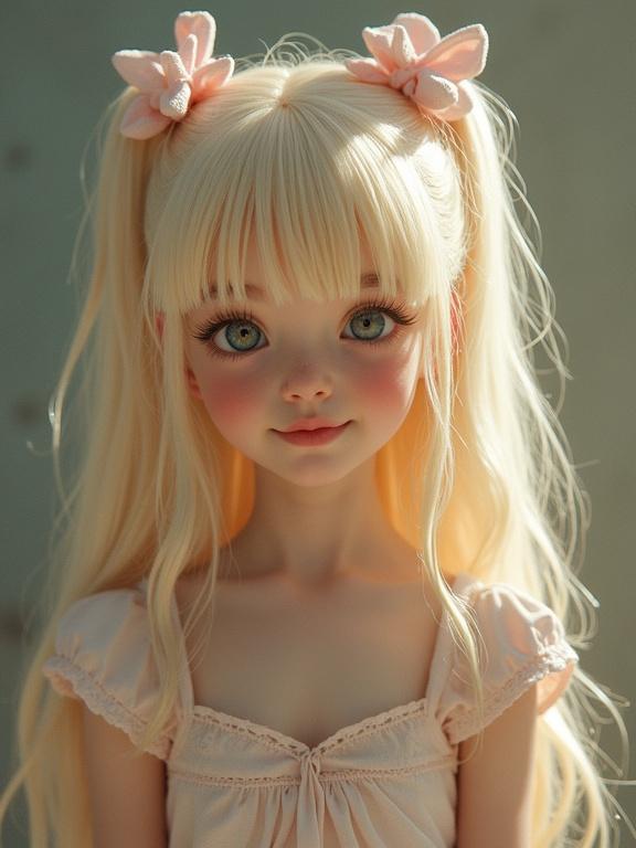 Subject represents a youthful fashion aesthetic. Long blonde hair styled in lush twin tails with pink bows. Clothing features a micro-skirt and thigh-high socks with lace detailing. Simple black shoes complete the look. The focus is on playful and flirty vibes.