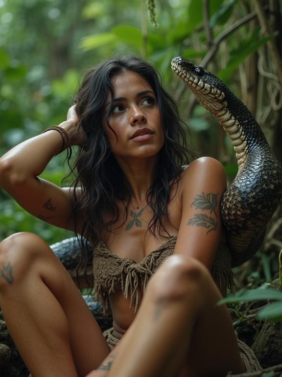 Below view of a beautiful young woman sitting beside a large snake in the rainforest. She is tanned and fit, with an expression of joy and calm. Her hair is tousled, and she has sweat and dirt on her skin. She wears a tattered loincloth, petting the snake as they share a moment together.