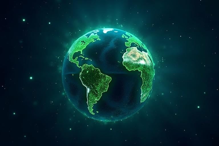 A glowing globe of Earth floats against a dark blue starry background. Connection lines radiate from the globe symbolizing a decentralized network. Green particles twinkle around the globe adding a sense of growth and renewal.