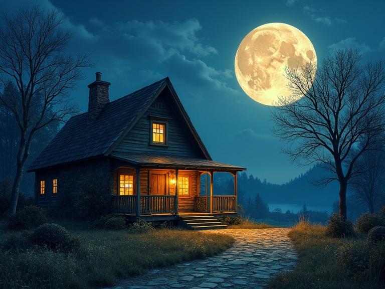 Wooden cottage lit up at night under a large full moon. Dark blue sky with clouds. Romantic landscape with a stone pathway leading to the cottage.