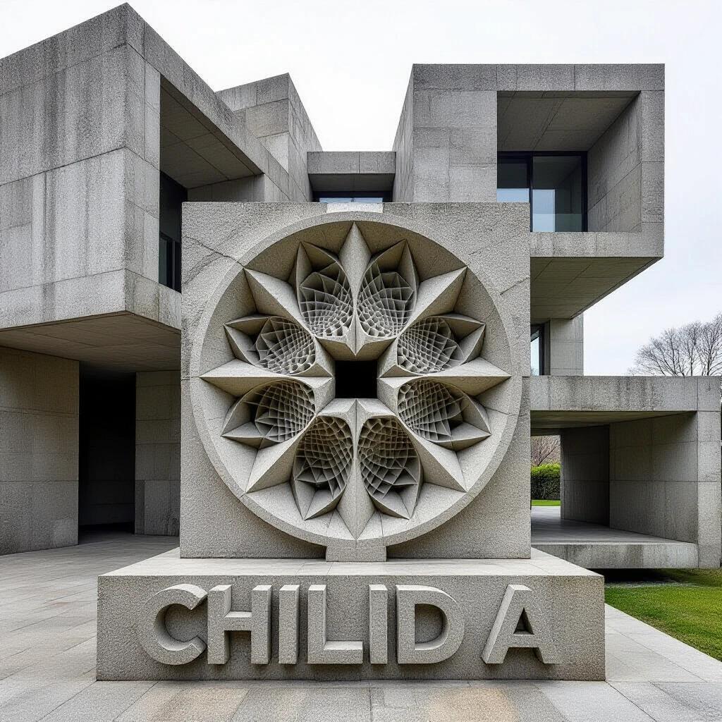Image of a prominent Brutalist building designed by Chillida. A three-dimensional stone sculpture with the label 'CHILIDA' in front. The sculpture features intricate carvings inspired by mathematical formulas. Displays a representation of the Mandelbrot set with fine details. Captured during the day with soft lighting highlighting the stone textures.