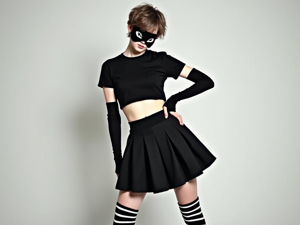 The image features a confident individual showcasing a stylized outfit combining edgy and playful elements. They wear a cropped black t-shirt and a flared black mini skirt. The arm warmers and knee-high socks feature bold black and white stripes. Accessories like garter straps emphasize the punk aesthetic. A black Kawaii Kaomoji Face Mask adds character to the look. The background is light to highlight the subject, with soft shadows casting a mellow ambiance. This outfit reflects contemporary fashion trends emphasizing individuality and creativity.