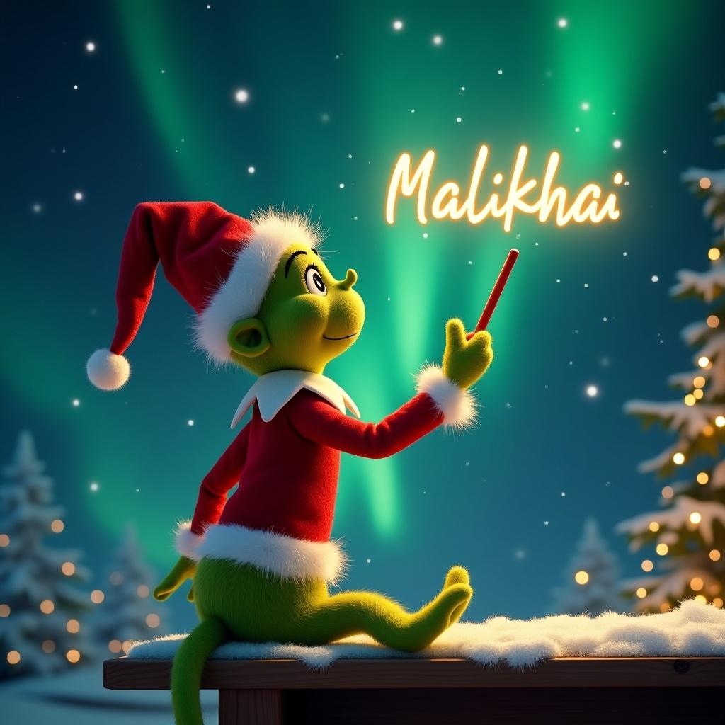 Elf on the shelf with back facing the image. Elf looking up at the sky. Magical Christmas setting with northern lights. Grinch character present. Elf using a wand to write names in the air. Name written is ‘Malikhai’.