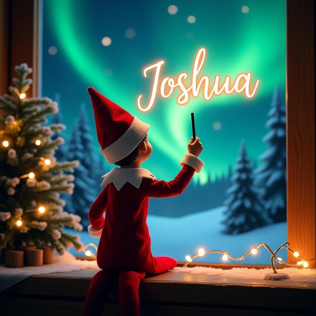 An enchanting Christmas scene features an elf on the shelf facing the sky with his back to the viewer. The elf is dressed in red and white and wields a magic wand. He is writing the name 'Joshua' in a glowing script above him. The backdrop showcases vibrant northern lights, adding a magical ambiance. The scene is festive, embodying the spirit of Christmas with a whimsical twist. This composition captures joy and wonder, celebrating the holiday season.