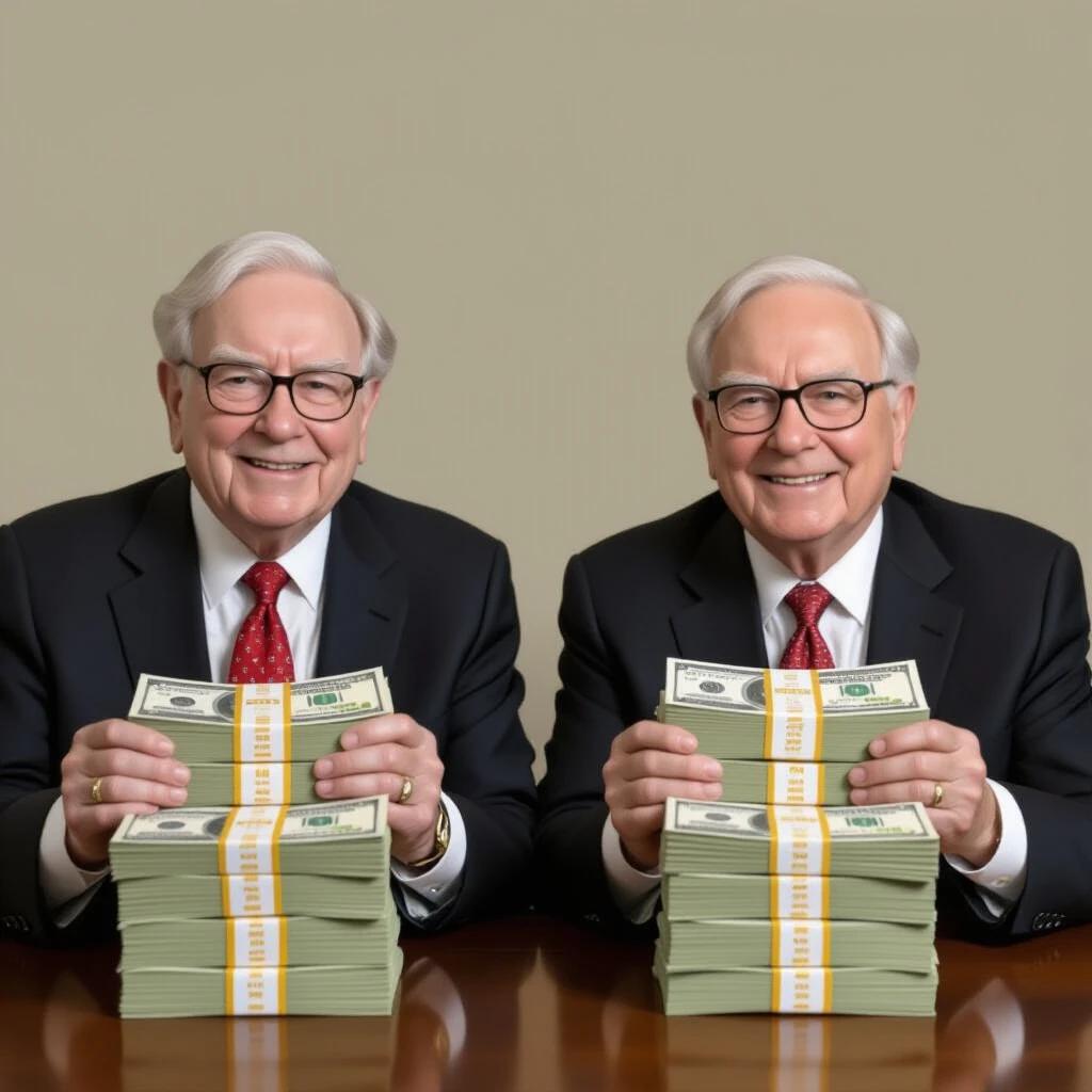 Image of two businessmen seated at a table with large piles of cash in front of them. They are both dressed in professional suits. The cash is neatly organized with visible bands. Neutral background enhances focus on the subjects and cash piles.