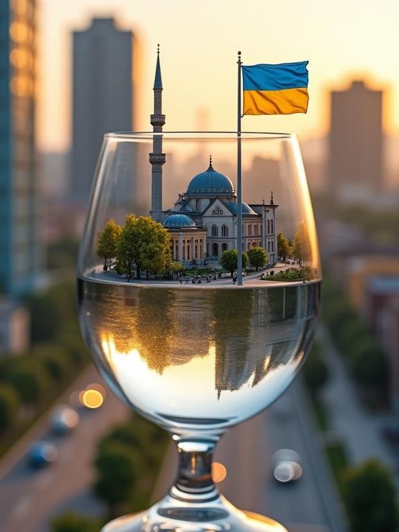 A hyper-realistic miniature cityscape from Mariupol inside a transparent crystal goblet. Features Old Water Tower, Houses with Spires, Mariupol Drama Theater, and Sultan Suleiman Mosque. A wide road lined with modern buildings. A blue-and-yellow Ukrainian flag waves on a flagpole. Scene bustling with people and cars. Golden hour lighting with rich textures and soft bokeh.