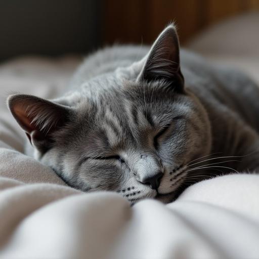 A Chartreux cat is sleeping peacefully on a soft bed. The cat's fur is gray and its eyes are closed, showing contentment. Soft lighting enhances the tranquil atmosphere of the scene.
