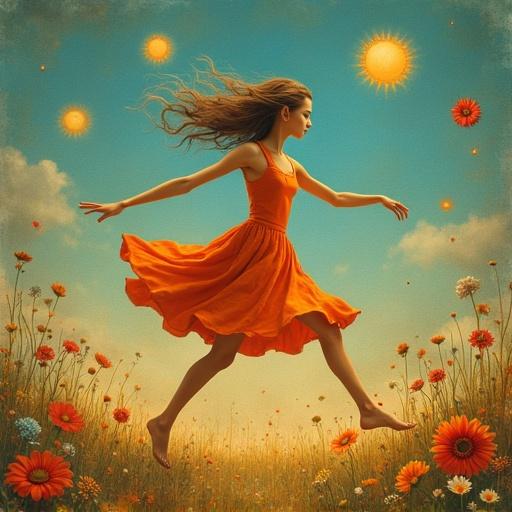 Surrealist image of a girl dancing joyfully in an orange dress surrounded by colorful flowers under a bright blue sky with suns. Emphasizes feelings of freedom and the tension of aging. The scene conveys vibrant emotions and a celebration of life.