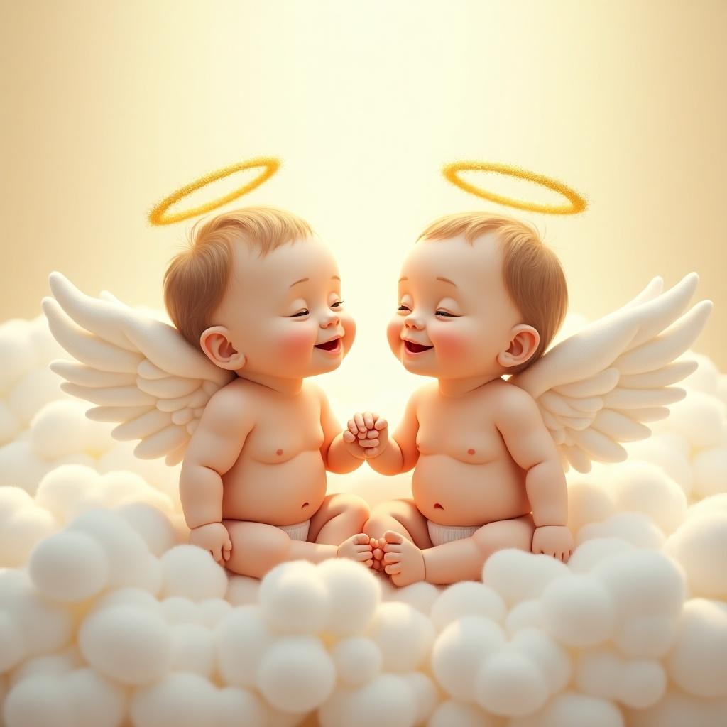 Two baby boys as angels with fluffy clouds and golden halos. Sitting happily and holding hands. Soft warm lighting enhances the scene. Captures childhood wonder and innocence.