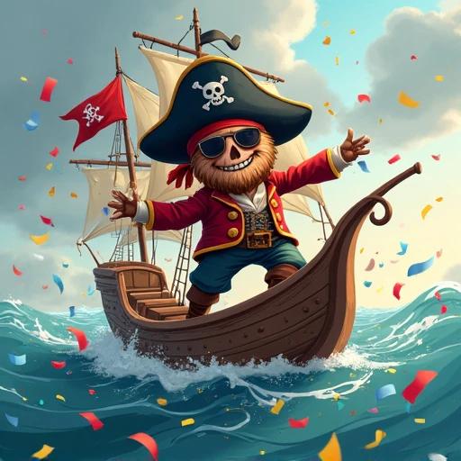 A pirate character sails a ship surrounded by confetti. A joyful flag flies on the ship. The scene is vibrant and fun.