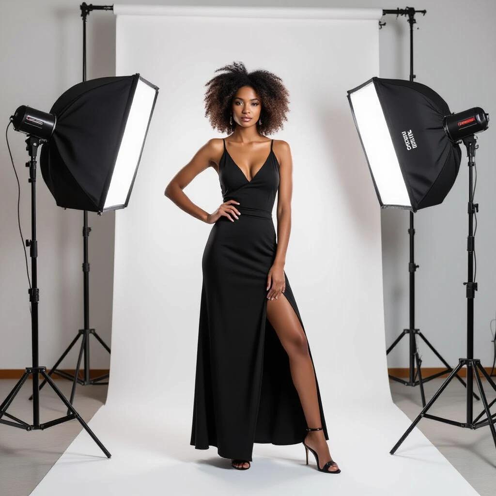Editorial portrait of a confident Black woman in a minimalistic fashion studio. The woman wears a sleek black dress with a high slit paired with heels. Two softboxes illuminate the scene giving a professional touch. The background is plain white to emphasize the subject.