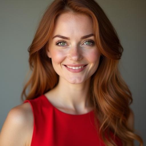 A woman with striking green eyes and full lips smiles. Long auburn hair flows around her shoulders. Soft natural lighting highlights her features. She exudes warmth and approachability. The background is neutral. She wears a red dress.
