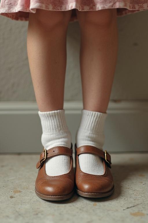 Close-up view of a school girl's feet wearing brown shoes and white socks. The girl stands on a textured floor with a skirt visible.