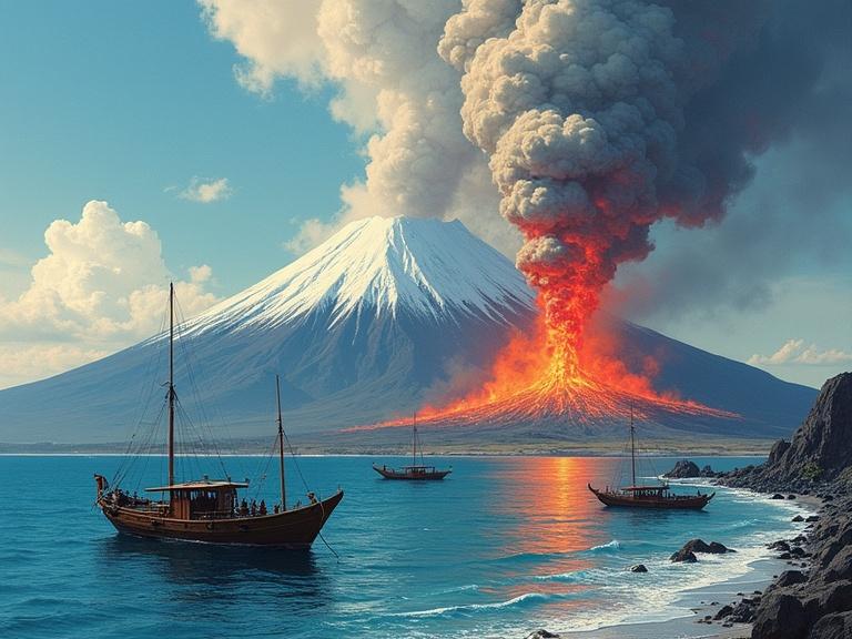 Dramatic depiction of a volcanic eruption from the coast. Massive ash cloud from a snow-capped volcano. Vibrant oranges and reds radiate outward. White mountains and dark volcanic peaks surround a tranquil, azure sea. Several traditional fishing boats anchored near shore with figures aboard. Painterly style reminiscent of Japanese woodblock prints. Contrast in colors with fiery eruption versus cool water and white volcano. Light and shadow emphasize eruption's energy and peaceful surroundings. Textured volcanic ash and lava. Focus on nature's power juxtaposed with human activity. Atmospheric perspective with towering volcano. Detailed ocean waves and boats. Impasto brushstrokes add texture. Evokes awe and contemplation.