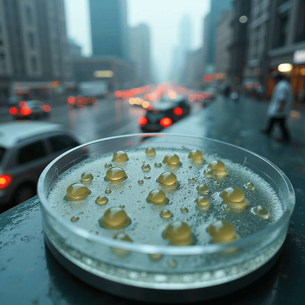 A petri dish with yellow cultures placed against a backdrop of a bustling city street during traffic.