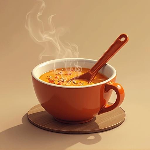 a steaming bowl of soup in a vibrant orange cup on a wooden coaster. The bowl has visible herbs and spices sprinkled on top. A wooden spoon rests in the soup, inviting the viewer to taste.