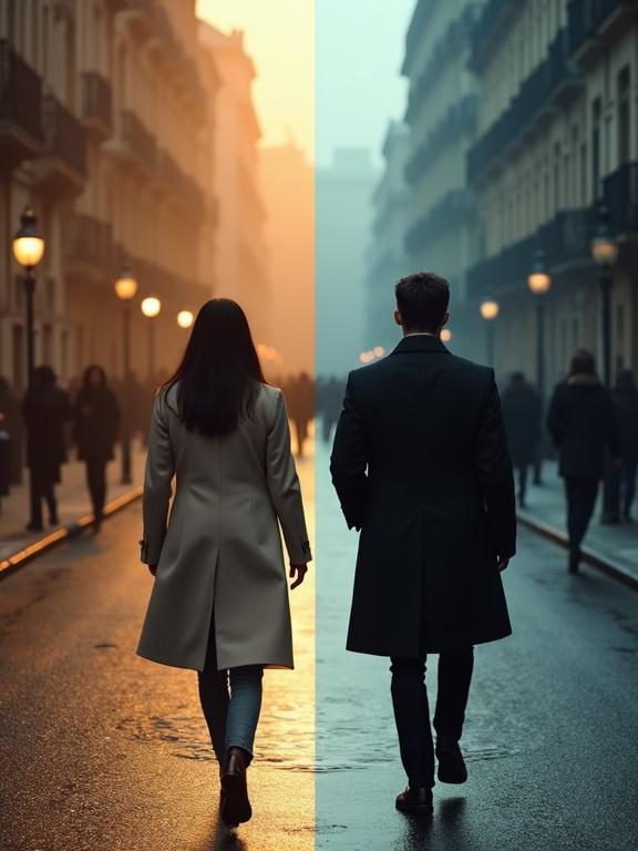 Split-screen image shows two individuals walking. On one side, a dark haired Italian woman in a light coat walks through a warm-toned city. On the other side, a handsome man in a dark coat walks through a cold-toned mirrored street. Dramatic lighting depicts parallel worlds.
