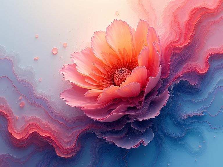 Abstract fluid art painting featuring flower petal motifs with vivid colors and textures