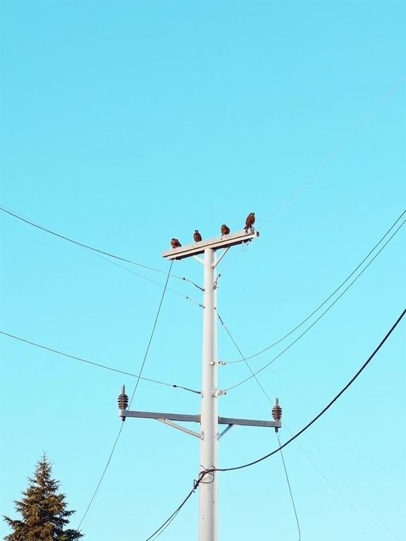 Photograph of a utility pole taken from a low angle. Clear blue sky. Daytime scene. Power lines stretch diagonally across the image. White utility pole with metal crossarm fitted with insulators. Two brown birds perched on the crossarm. Pine tree on the left side slightly out of focus. Power lines and insulators in sharp focus. Birds also in focus. Utility pole centered. Power lines converge towards the image's top. No human presence. Natural lighting. Outdoor setting. Simple minimalist composition. High contrast with a slight warm tone. Overall peaceful and quiet atmosphere. Vertical orientation. Medium shot.