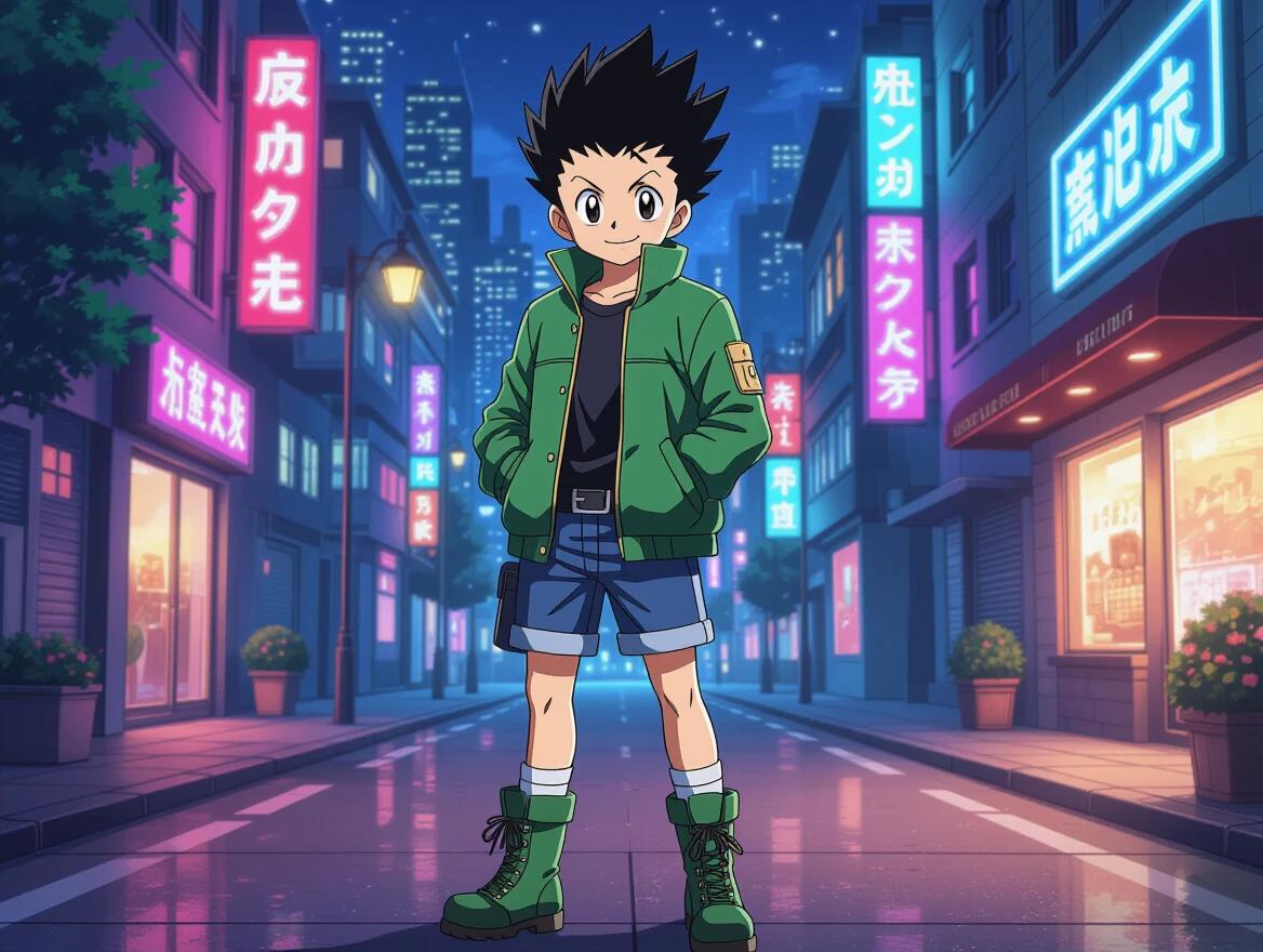 Gon Freecss from Hunter x Hunter standing confidently on sidewalk under city lights. Wearing classic green jacket, shorts, and boots. Spiky black hair, cheerful expression. Urban nighttime setting with neon signs and glowing windows. Anime-style realism, not 3D, not ultra-realistic.