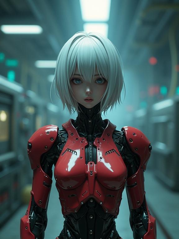 Photograph of a solitary female character rendered in 3D. The character is mechanical and stands in a dim laboratory. White hair interwoven with red robotic parts. The armor plates gleam under overhead spotlight. Intricate wiring and glowing conduits across chest and neck. Laboratory background with blurred machinery and holographic projections.