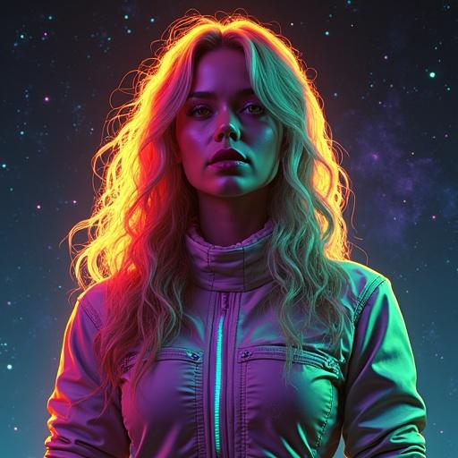 Female figure in futuristic clothing. Neon green and orange colors dominate the design. Background filled with colorful outer space and constellations. Bright ambient lighting and vibrant glowing effects are present.