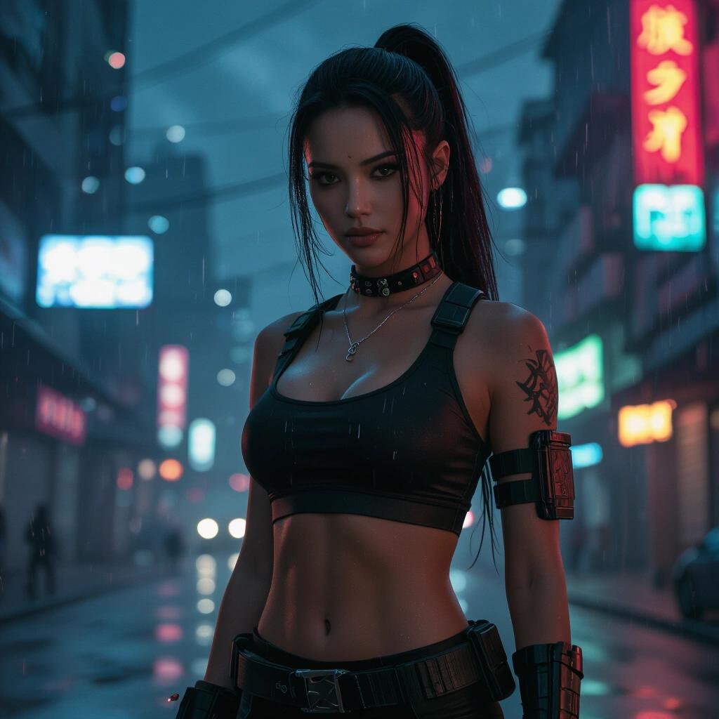 Distance shot featuring a female bounty hunter in a crop top in a cyberpunk setting with dark skies and urban background. The scene is illuminated by vibrant neon signs.