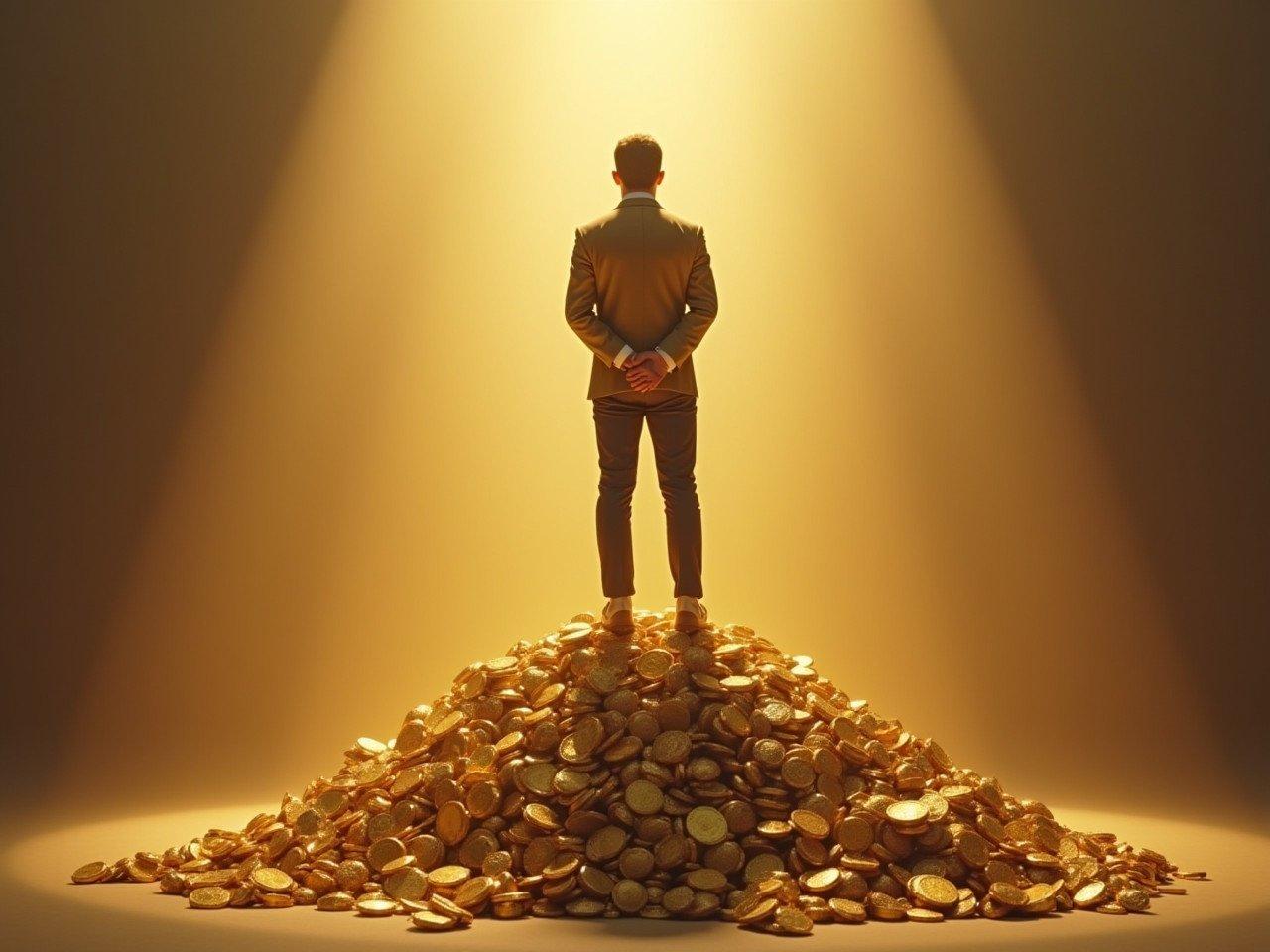 Man faces forward while standing atop an impressive mound of gold coins. Strong illumination creates a golden glow around him. Dressed in a formal suit. Senses of achievement and prosperity dominate the scene.