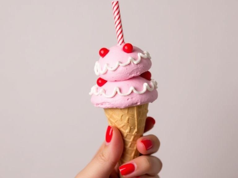 Image of a person holding an ice cream cone resembling a multi-tiered pink birthday cake. The cake has two pink tiers with white frosting and red candy decorations. There is a lit birthday candle on top. The cone is a waffle cone, and the person's nails are bright red. Background is light-colored and plain.