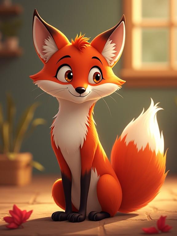 Fox character drawn in 2D Disney animation style. Fox is vibrant orange with a playful expression. Setting features sunny background and greenery.