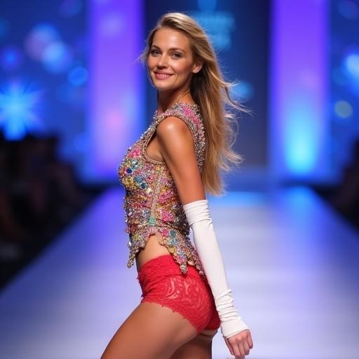 A model walks on a runway during a fashion show. She wears an elaborate, colorful outfit with a jeweled top featuring intricate detailing. The outfit has a red lace-trimmed bottom. She has long white gloves and blonde hair styled in loose waves. The background is a blurred vibrant stage with blue and purple lighting and circular bokeh effects. As she turns, she looks back at the camera with a subtle smile.