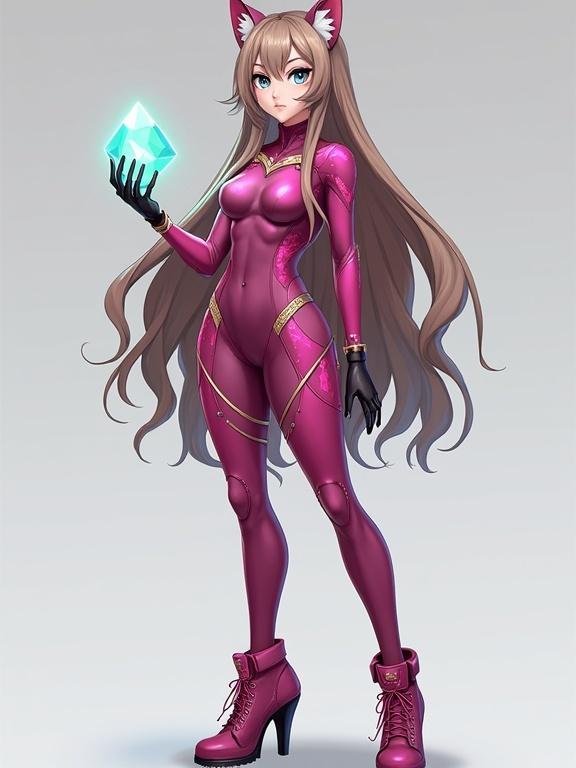 Woman with long light brown hair and cat ears. Blue eyes. Wearing a dark pink bodysuit and pink combat heels. Holding a teal glowing crystal. Art style similar to Xenoblade Chronicles 2. Full body render with a sci-fi look.