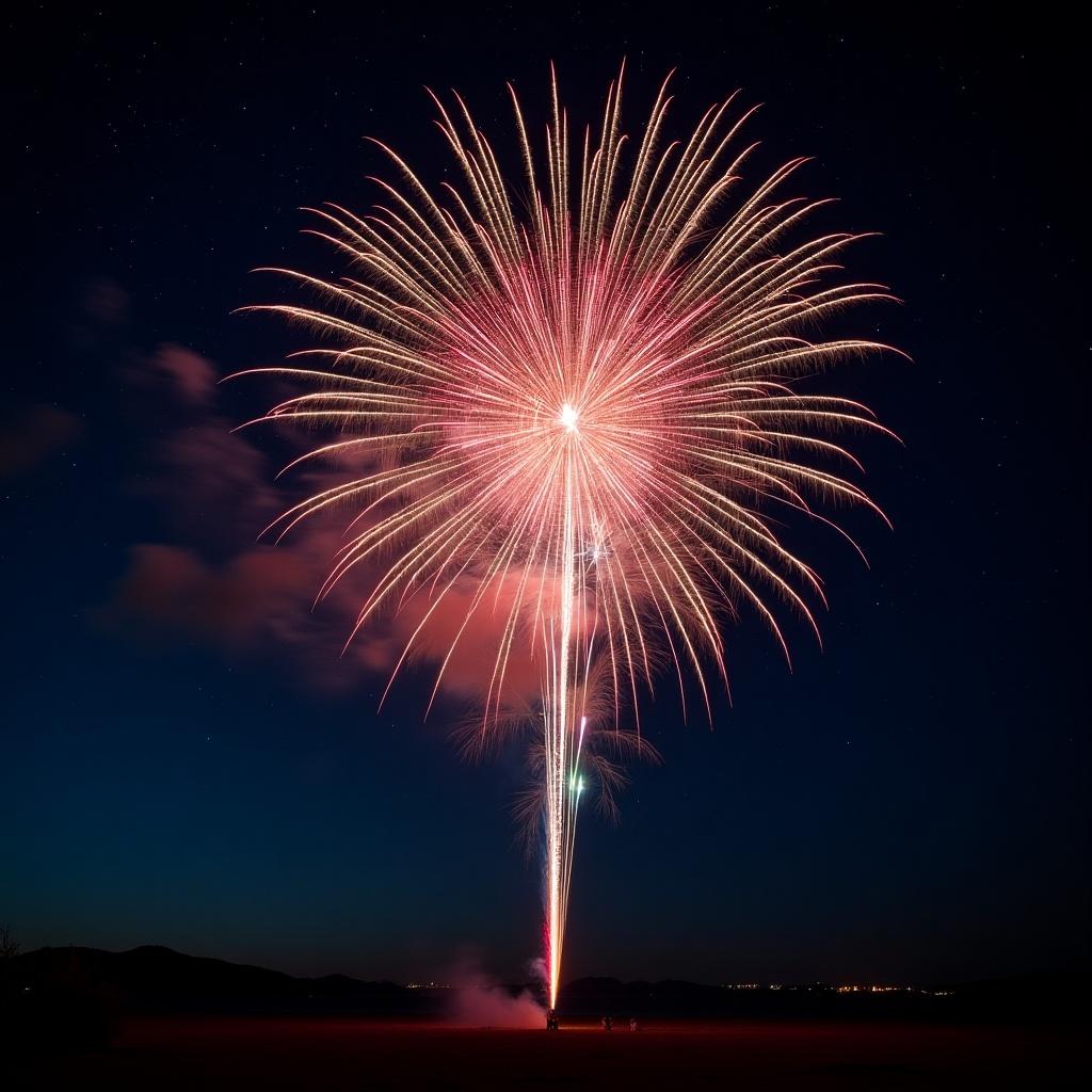 Fireworks display against a starry night background. Vibrant bursts of color explode in the dark sky. Stars are visible in the background, enhancing the visual appeal.