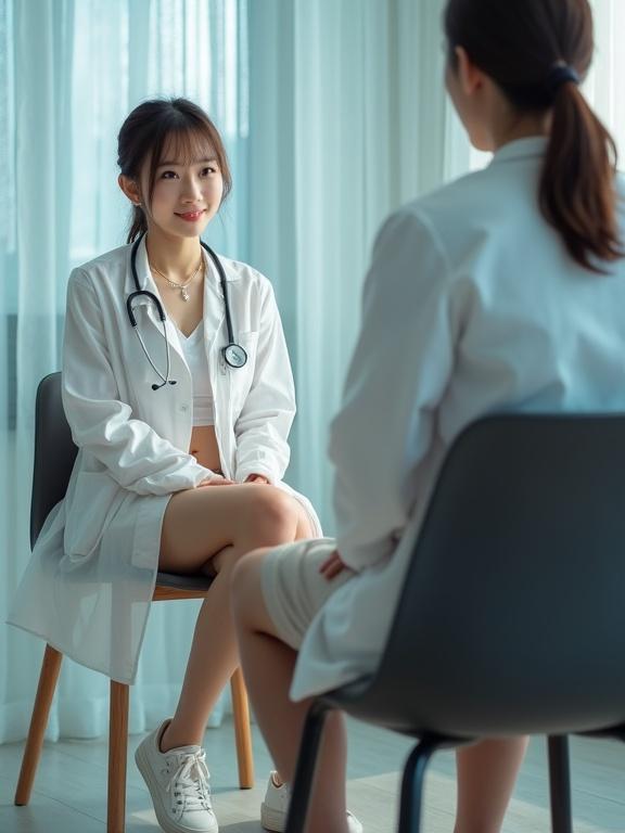 Petite female doctor consulting with a male patient. Doctor wears a transparent white coat and a stethoscope. Both are seated. Gentle lighting creates a calming atmosphere. Full body in frame.