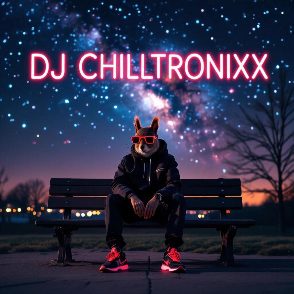 A red squirrel person dressed in stylish dark clothing and wearing neon red runners and sunglasses sits on a park bench. The scene is set at night under a vast dark nebula sky filled with distant lights. The image has an artistic vibe resembling an album cover for a music artist named DJ Chilltronixx.