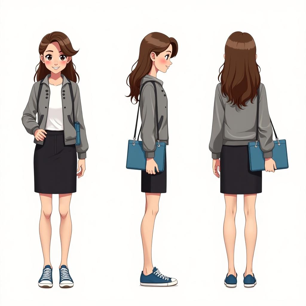 Character sheet in anime style shows a friendly female character. She has long brown hair and is wearing a stylish jacket and black skirt. Shoes are blue sneakers. The character is displayed in front, side, and back views. She is a home designer and carrying a blue spiral notebook.