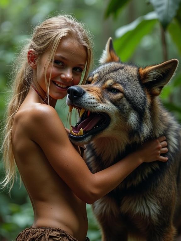 A blonde tribal warrior girl is hugging a large werewolf in a lush rainforest. The girl has a joyful expression, covered in sweat and dirt, wearing a tattered loincloth. The werewolf has a friendly demeanor, showcasing open teeth and slimy fur. They are positioned closely amid vibrant greenery.