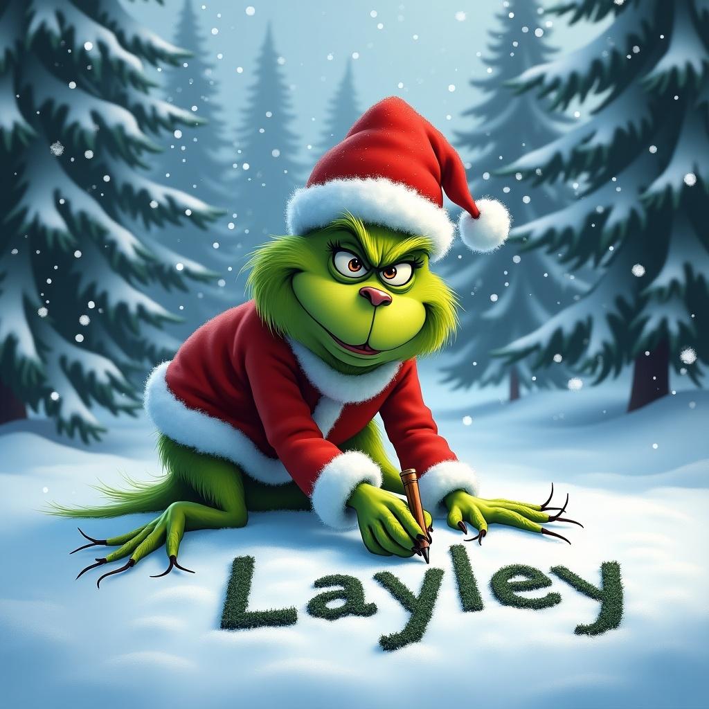 Image of Grinch in Santa suit writing name 'Layley' in fresh snow. Snow is falling in a winter scene with tall snow-covered trees. Grinch appears happy and embodies holiday magic.