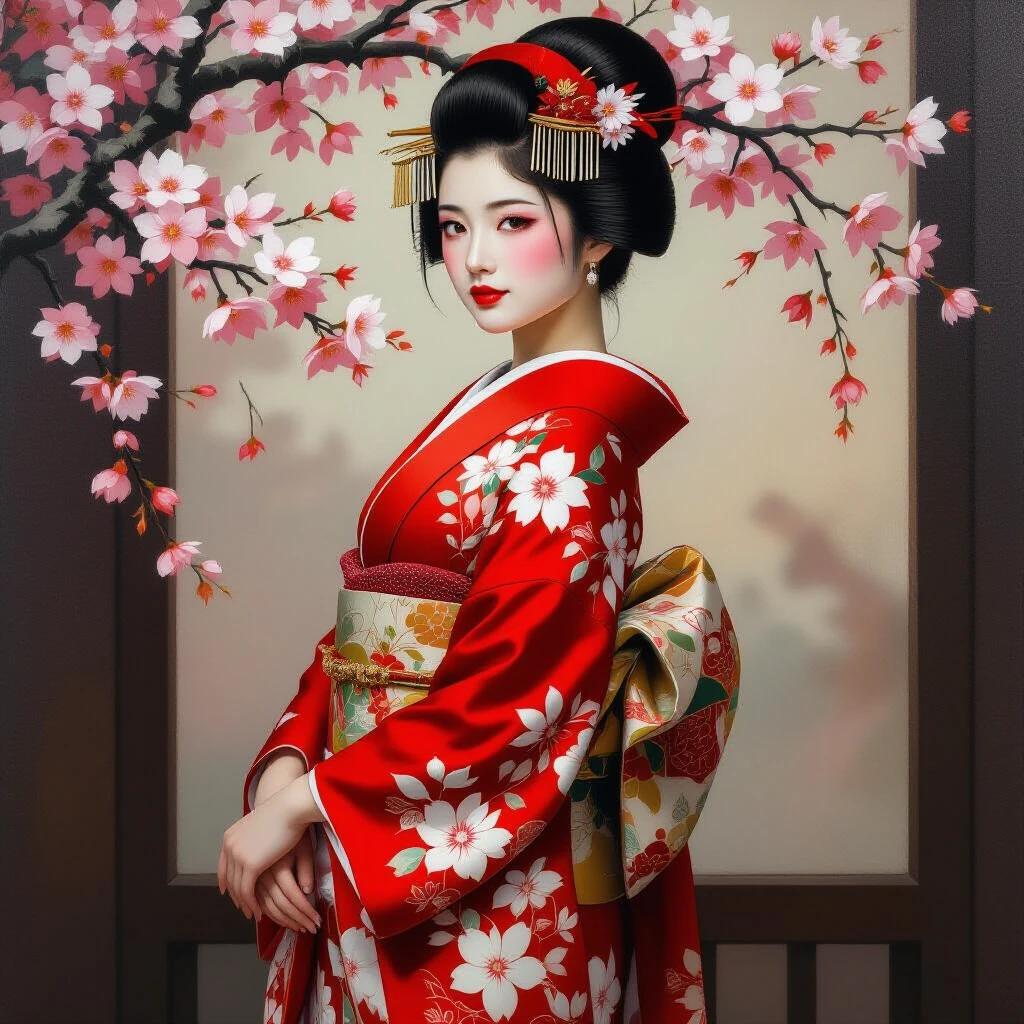 An oil painting of a girl in a traditional Japanese geisha outfit. The girl wears a red kimono with intricate floral patterns. She looks over her shoulder with a passionate gaze. Her lips are slightly parted, with a soft blush on her cheeks. The hairstyle is refined, accented with an okobo hair accessory. The kimono fabric flows gracefully in the wind. The background is dark with warm lighting. The image has a shallow depth of field and shows detailed textures.