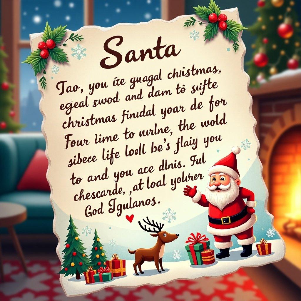 A cheerful Christmas letter addressed to Santa. Features Santa Claus with a reindeer. Decorated with pine branches and festive elements. The setting is warm and inviting, evoking a holiday atmosphere.