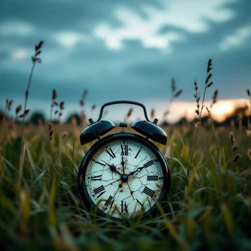 A broken clock lies in a field of overgrown tall grass. The sky is dark and stormy. The image showcases soft muted tones. The clock is vintage with a cracked face. Grainy texture and cinematic shadows enhance the mood. Light leaks add to the atmosphere. The overall effect is artistic and atmospheric.