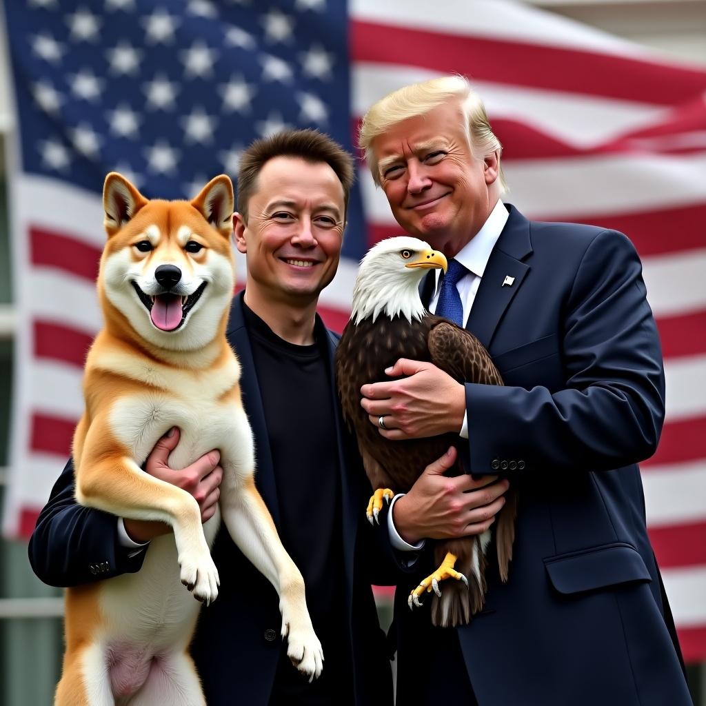 The image depicts two individuals standing with a Shiba Inu and a bald eagle. They are positioned against a backdrop of the American flag. The Shiba Inu is being held by one of the individuals. The other individual is cradling the bald eagle. The scene conveys a sense of patriotism and cultural symbolism. Bright lighting enhances the prominence of the animals and the flag.