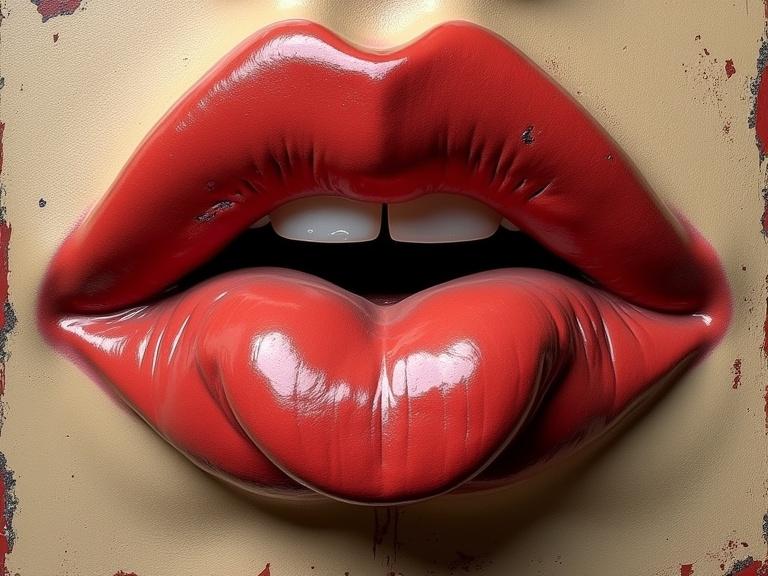A geometric abstraction consisting of lips. The artwork showcases plump red lips with high gloss highlights. It evokes a sense of sensuality and allure. The background is textured with a worn appearance. The overall aesthetic reflects modern and pop art influences.