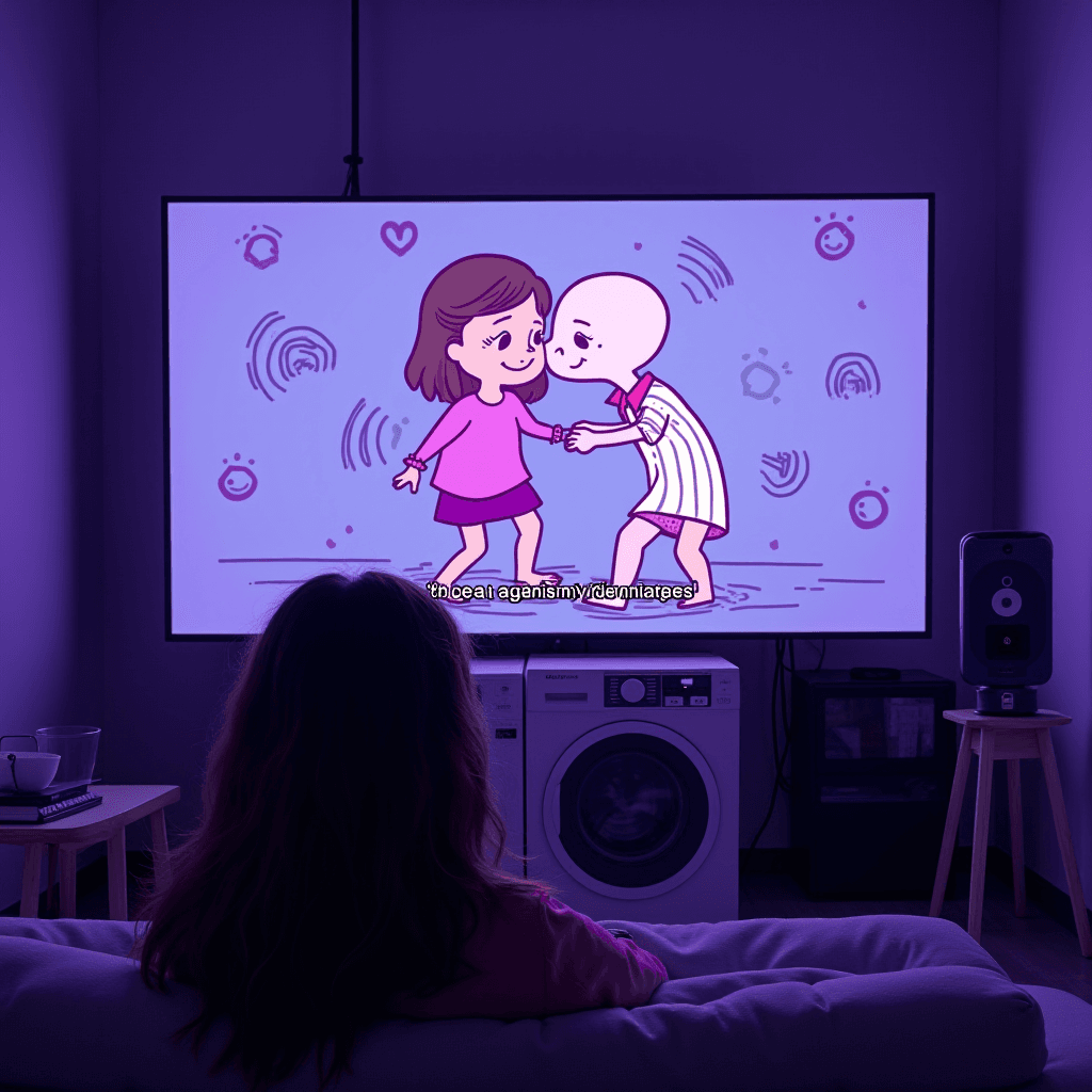 A person watches an animated cartoon on a TV in a cozy, dimly lit room.