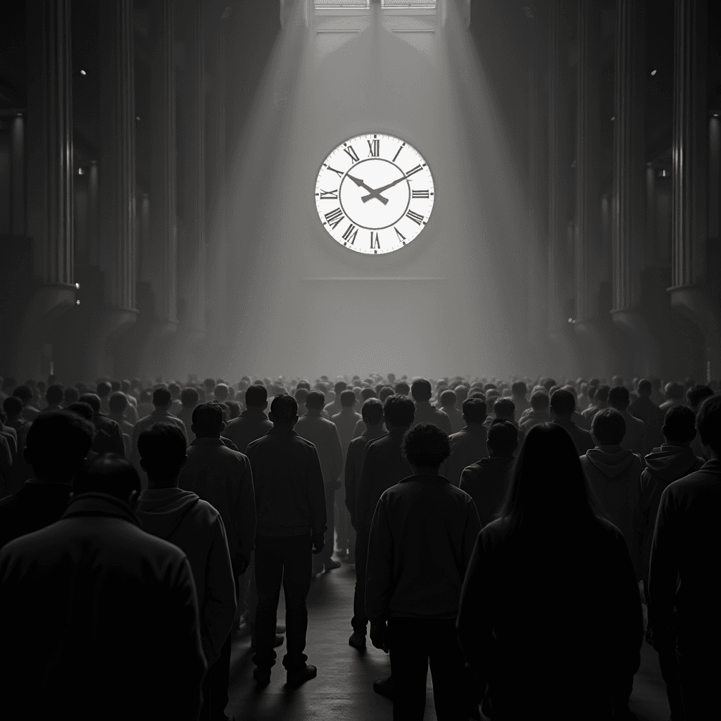 A large group of people stand in a dimly lit room, facing a giant, illuminated clock on the wall.