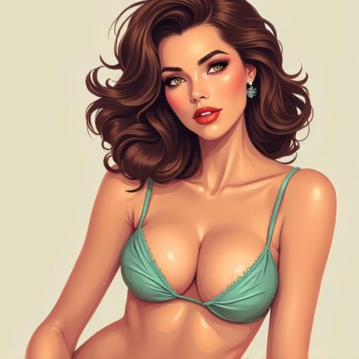 Illustration of a pinup model in a turquoise bikini. The figure features long, flowing hair and a confident expression. The model is posed elegantly, showcasing charm and beauty. The background is a muted beige, emphasizing the vibrant colors of the outfit.