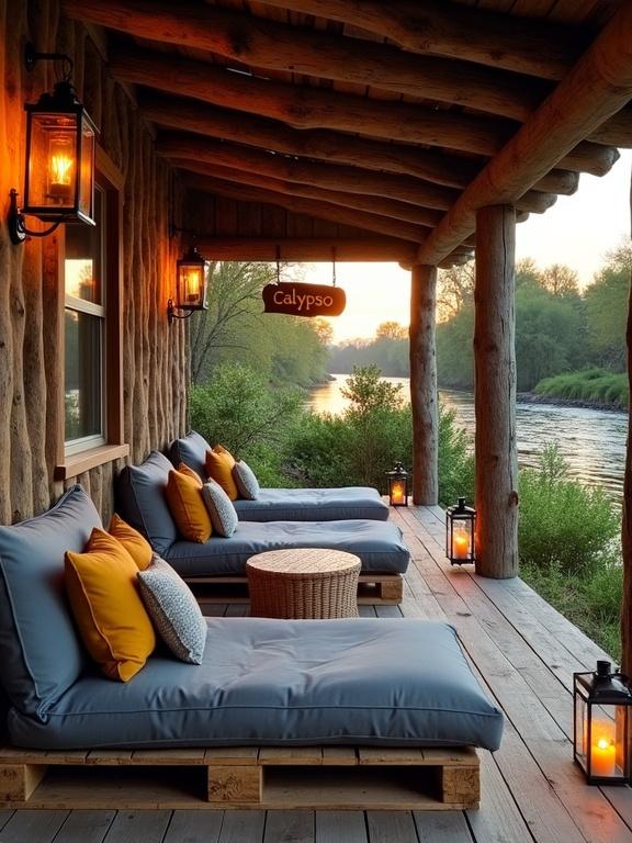 Outdoor riverside deck with rustic wooden structure. Wide wooden planks arranged lengthwise. Thick, plush blue-gray cushions with mustard yellow pillows. Round wicker table in front. Warm glow from lanterns. Wooden sign 'Calypso' above seating. River flowing in background with sunset colors. Lush greenery surrounds deck.