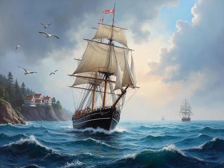 Impressionistic marine scene with an old sailing ship at center. Partially billowed sails reveal visible rigging on a delicate wooden hull. Rough sea shown with energetic brushstrokes. Stormy sky features blue grey and violet hues. Background includes rugged coastline with fishermen's cottages on cliffs. Maritime pines and seagulls in flight. Canvas texture visible beneath paint layers. Artist's signature is subtly integrated into composition.